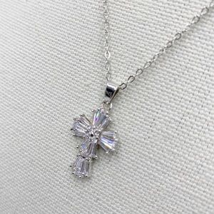 Cross Pendant Necklace Sparkling Baguette Crystal Gemstones Silver Tone Chain